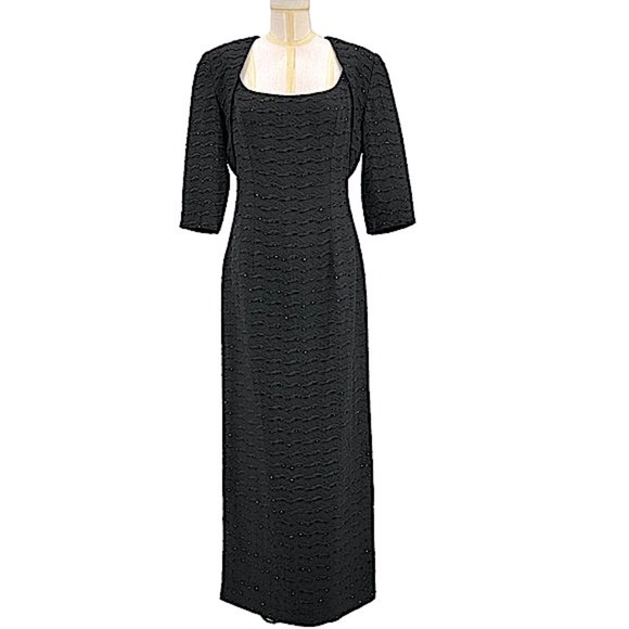 Carmen Marc Valvo Black Textured Beaded Formal Sheath Gown and Bolero Set Size 8 - Picture 1 of 16